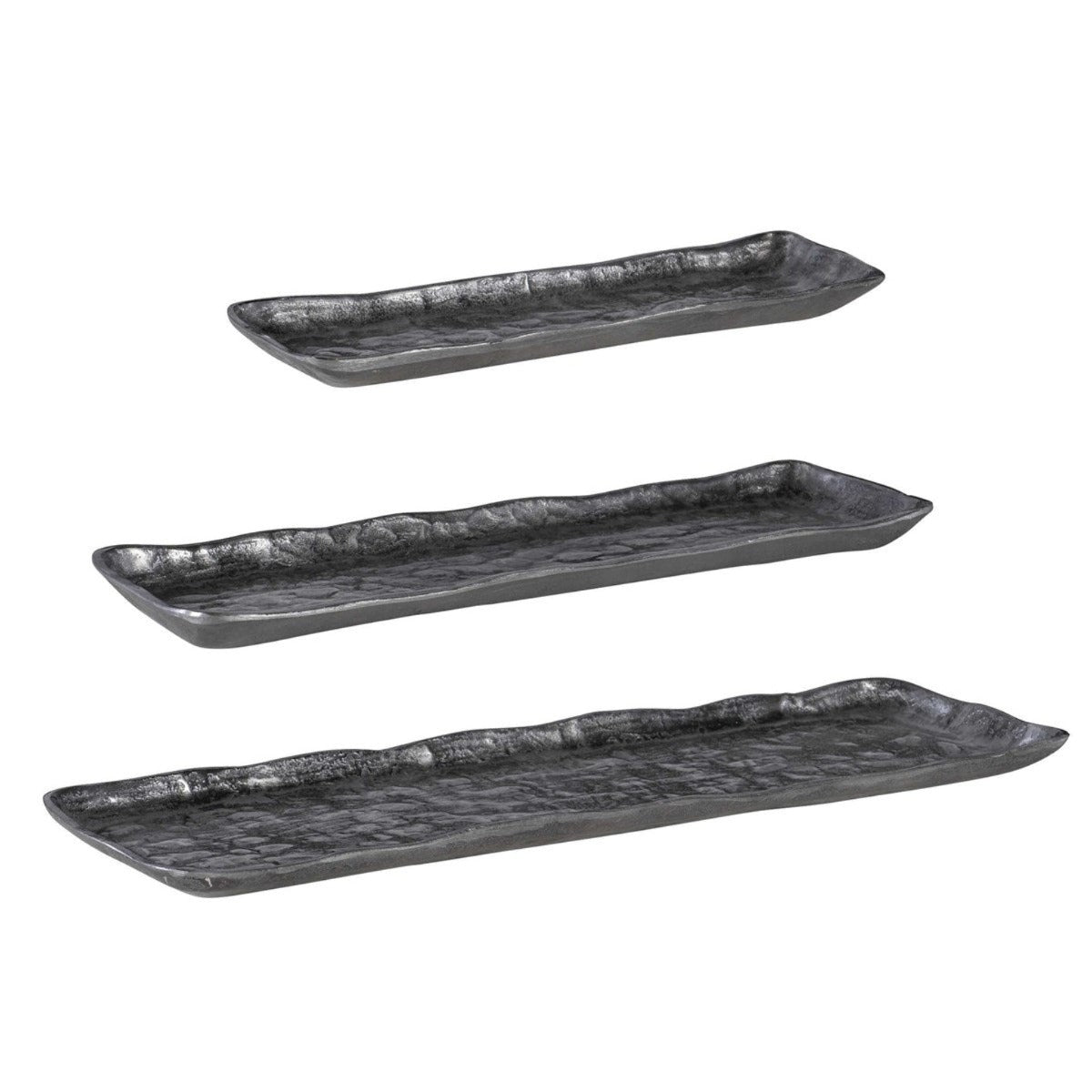 Artisan Trays from DA Atelier’s Bozeman, Montana collection, featuring organic edges and a textured antique nickel finish.