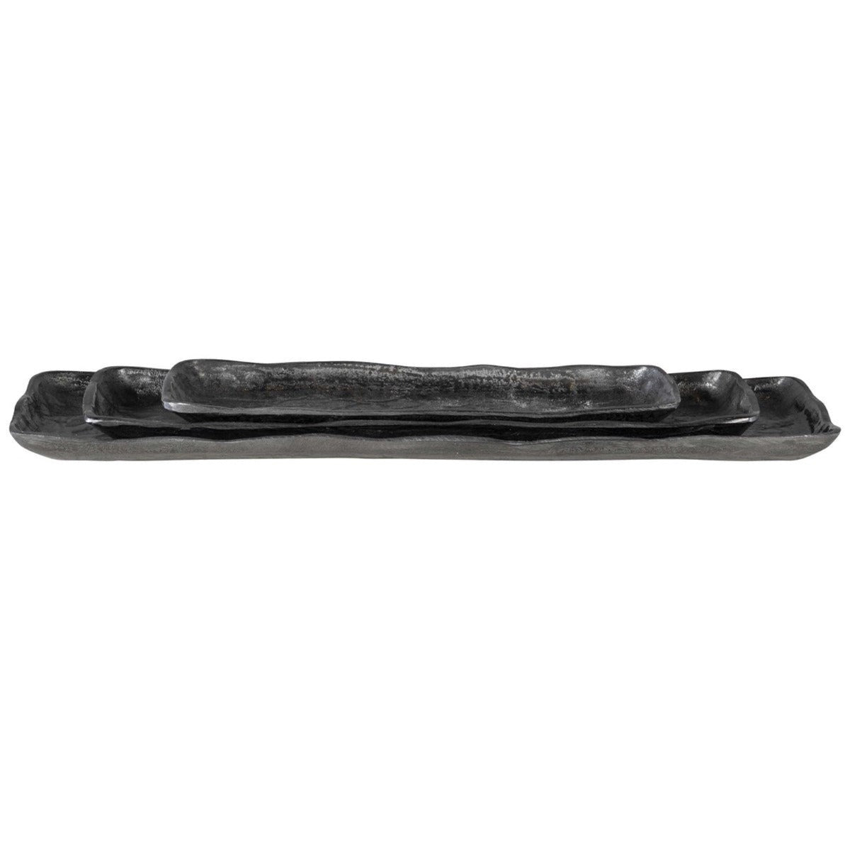 Artisan Trays from DA Atelier’s Bozeman, Montana collection, featuring organic edges and a textured antique nickel finish.